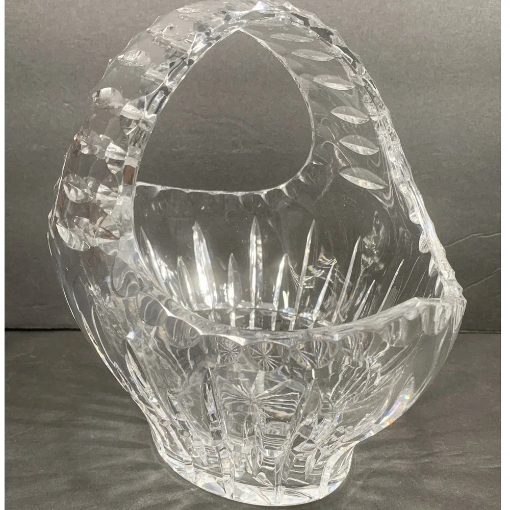 Ceska Lead Crystal Basket Hand Cut Glass Starburst Base Clear Decorative Bowl